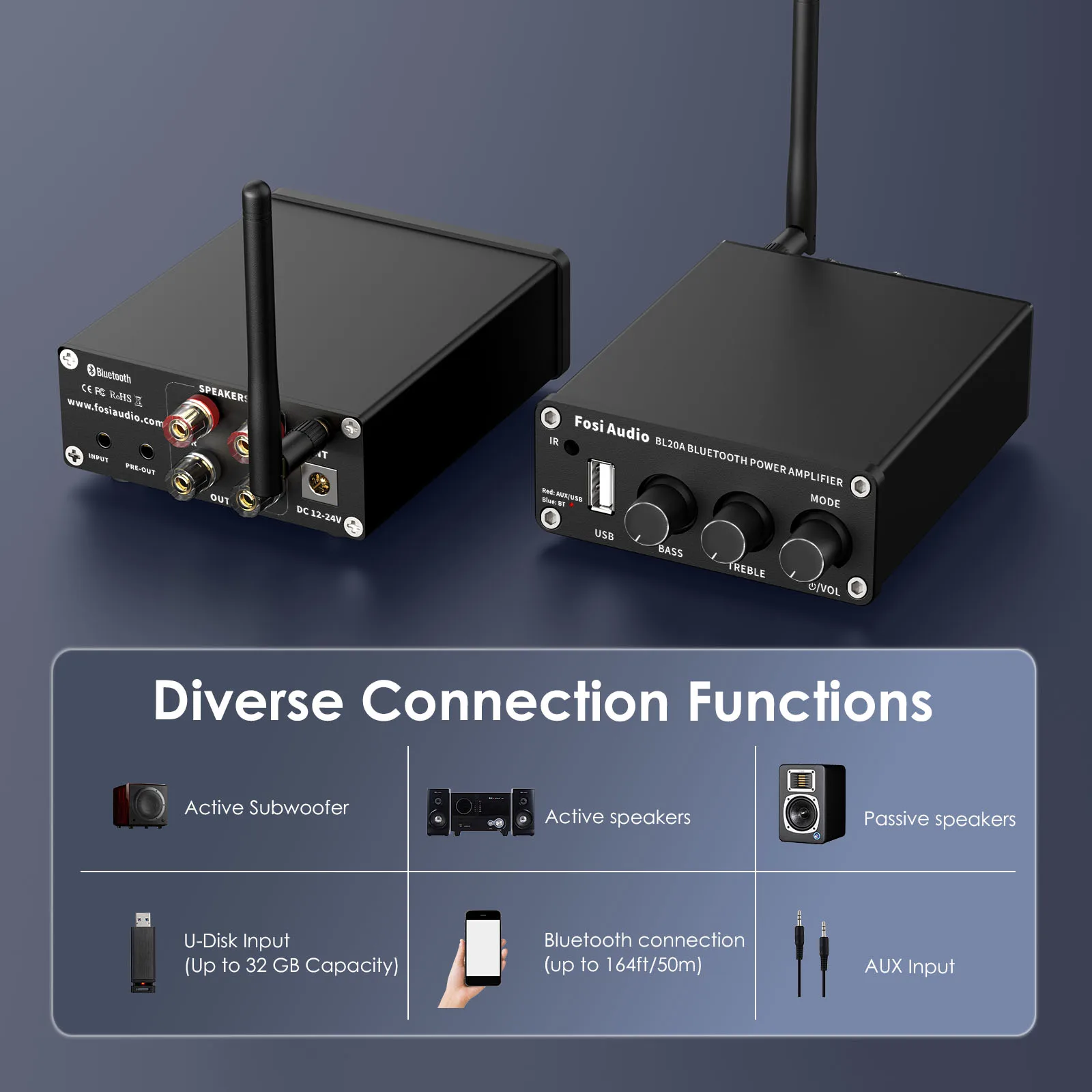 Fosi Audio V1.0G Mini Amplificateur Stéréo Hi-Fi 50W X 2 - Ampli Puissance Classe D TPA3116 Pour Home Cinéma, TV, PC Et Smartphones