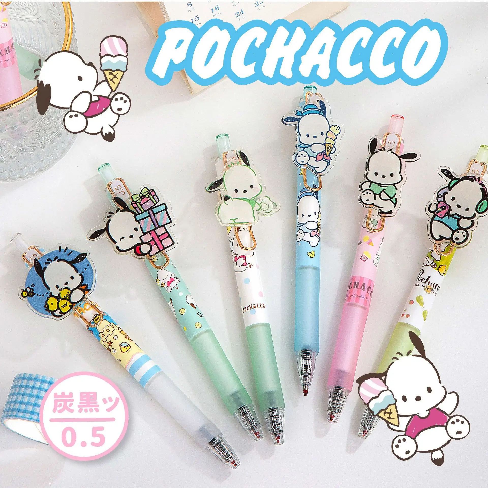 

6Pcs 0.5Mm Sanrio Cute Pachacco High-Value Patch Press Gel Pen Kawaii Cartoon Student with Signature Pen Girls Gifts Accessories