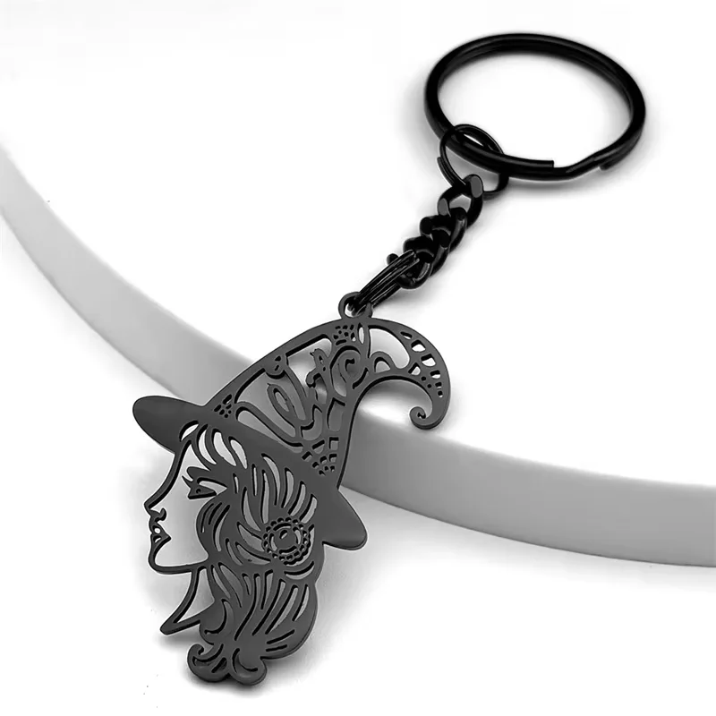 Hexerei Magie Mädchen Hexe Hut Schlüsselanhänger für Frauen Männer Edelstahl Schwarz Farbe Halloween Schlüsselring Schmuck llaveros kawaii – Detail 7