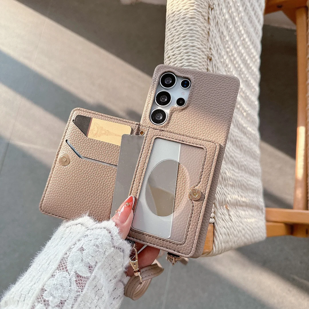 Luxury Leather Card Wallet Phone Case with Shoulder Strap and Mirror Makeup Cover
