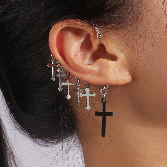 1Pc Black Cross Drop Earring with Chain Ear Cuff Trendy Women Fashion  Earrings