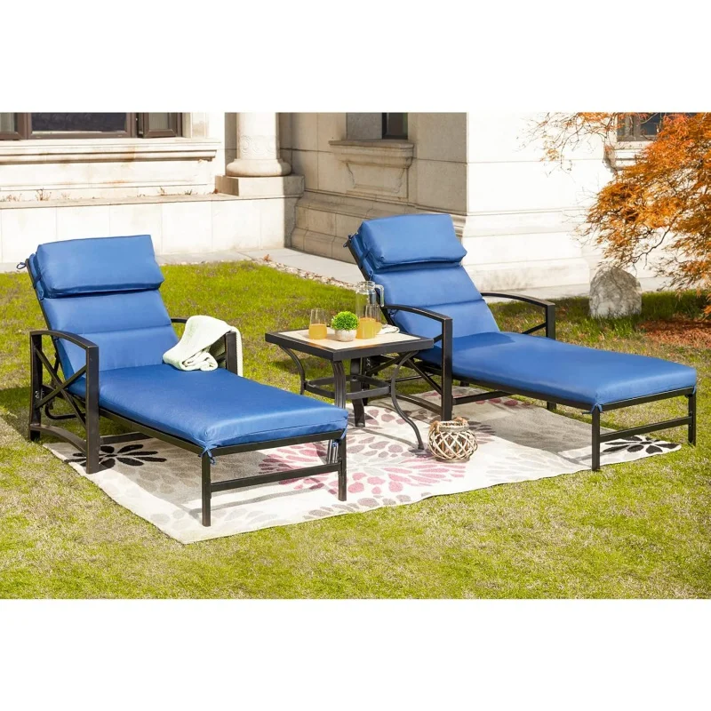 3 Pieces Outdoor Lounge Chair Set Patio Chaise Set 2 Recliners with Adjustable Backrest Removable Cushions and 1 Table, Blue