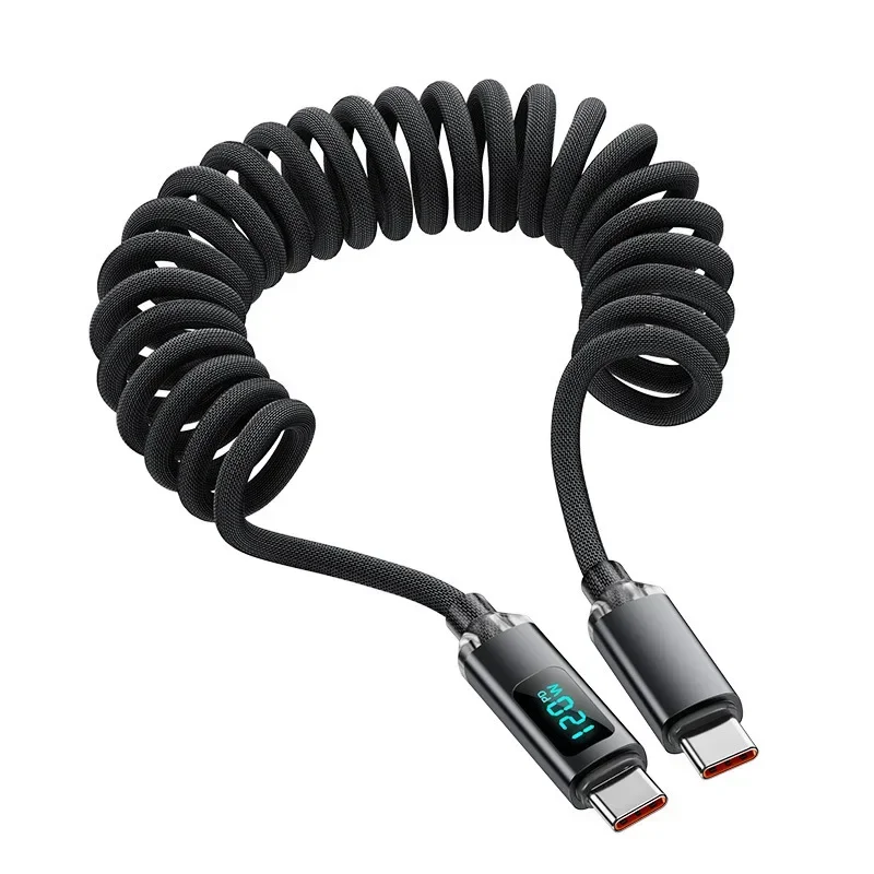 頑丈なナイロン編組 USB C スプリングケーブル 120W 6A 高速充電データ転送ワイヤー格納式コード iPhone Samsung 用