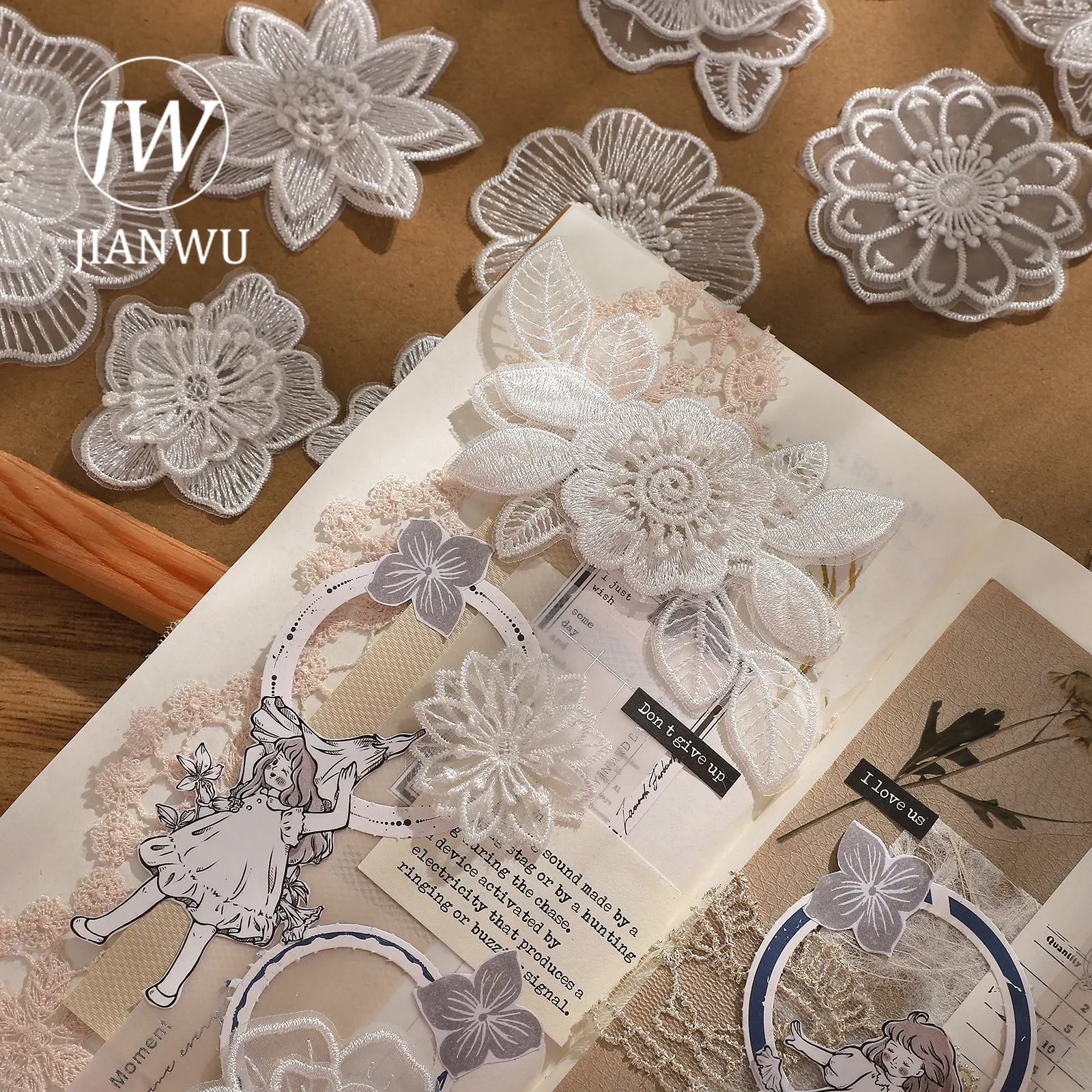

JIANWU 20 Pcs/set White Organza Embroidered Patch Simple Delicate Flower Material Stickers Creative DIY Journal Decor Stationery