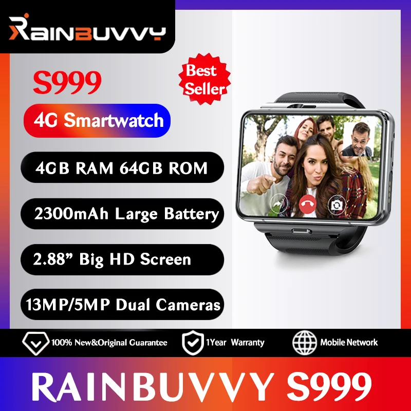 

Rainbuvvy S999 4G LTE Smartwatch 4GB RAM 64GB ROM 2.88" Big Screen 5MP/13MP Dual Camera Quad Core 2300mAh Android 9.0 Men Watch