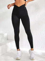 Women's High-Waist Seamless V-Waist Fitness Leggings - M (Black)