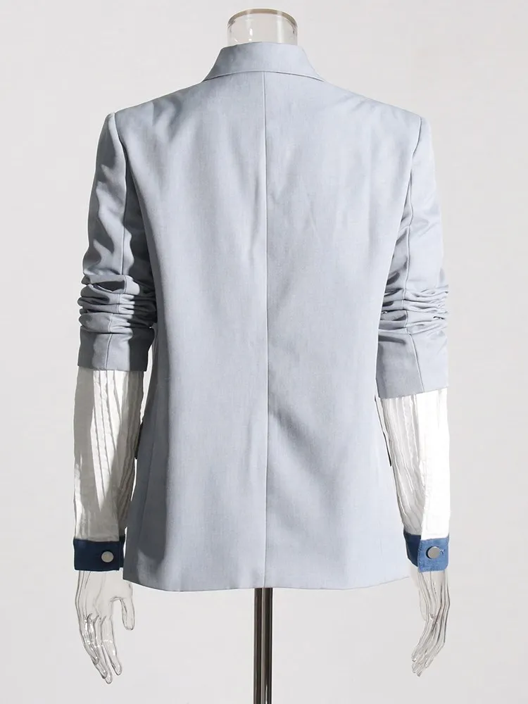 KBQ Chic Colorblock Blazer For Women Notched Collar Long Sleeve Patchwork Denim Split Casual Blazers Female Autumn Fashion Style