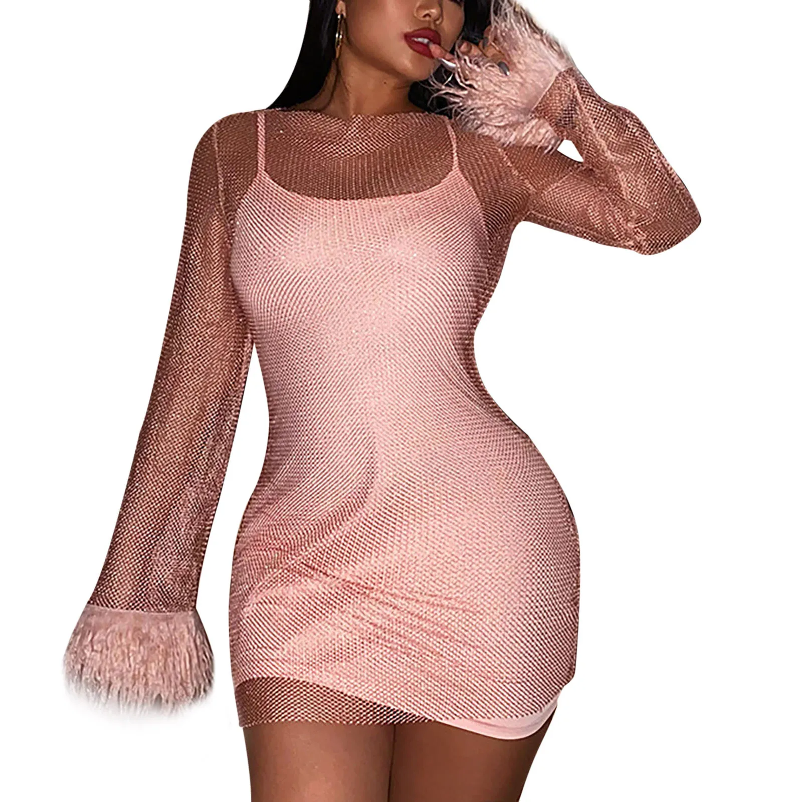 

Casual Sexy Hollow Out Nightclub Dress Women's Long Sleeve Round Neck Solid Color Slimming Dress Plush Decor Short Skirt