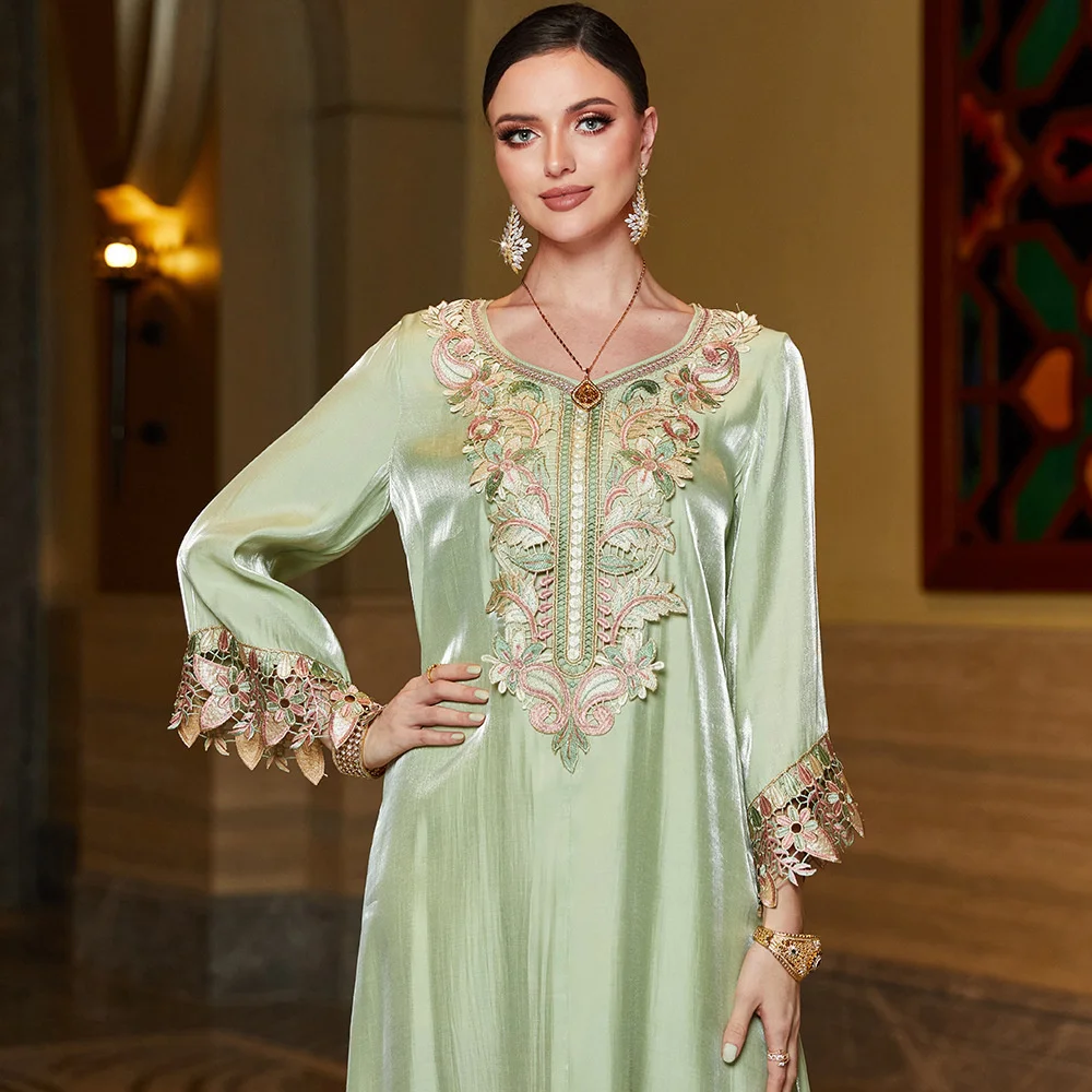 Abaya For Women V-neck Long Sleeves Print Long Dress  Mint Green Golden Cotton Spliced Lace Embroidery Dress Women Clothing
