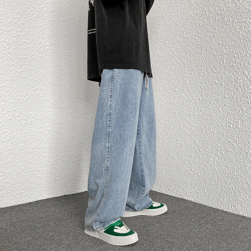 Spring Autumn New Solid Color Fashion Elastic Waist Jeans Man High Street Casual Loose Pocket Patchwork Drawstring Straight Pant