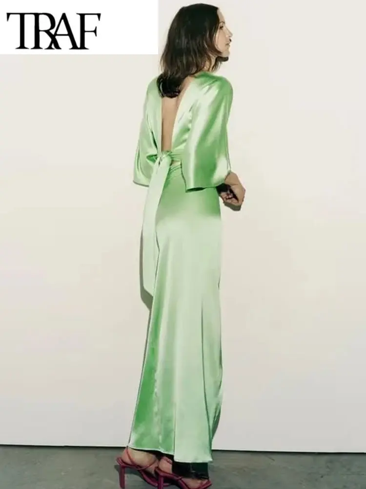 

TRAF Woman Satin 2 Pieces Midi Skirts Sets 2023 Bow Top Women Suit Casual Long Skirts Two Piece Set Womens Outfits