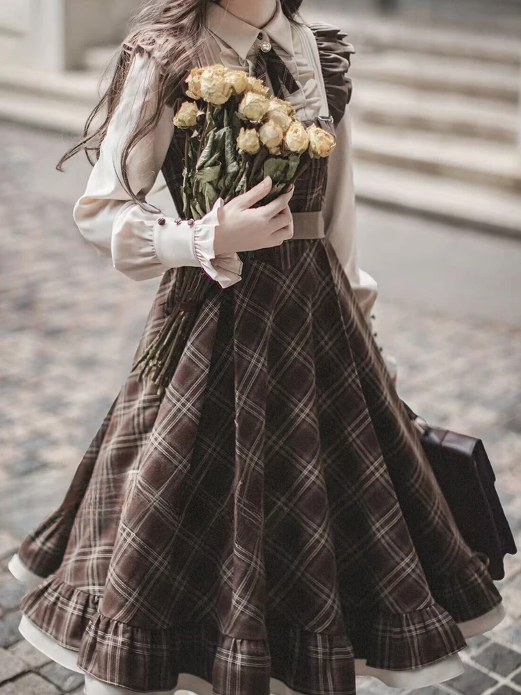 Vintage Lolita Two-Piece Dress - Plaid Bow Slim Fit Skirt for Women Winter 2024 Fashion