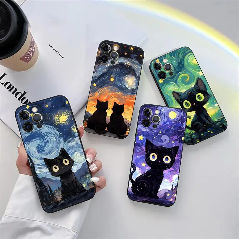 

Cat Van Gogh Starry Sky Phone Case for iPhone 11 15 Pro Max Case Coque 14 Plus 13 Pro 12 11 X XS XR 7 8 SE 2020 6 TPU Soft Cover