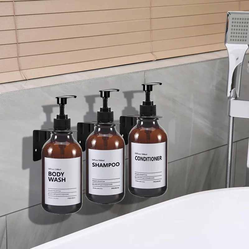 Soap Dispenser Brown Wall Mounted Shampoo Shower Gel Lotion Refillable Empty Bottle with Label Tray Kitchen Accessories 500ML 3