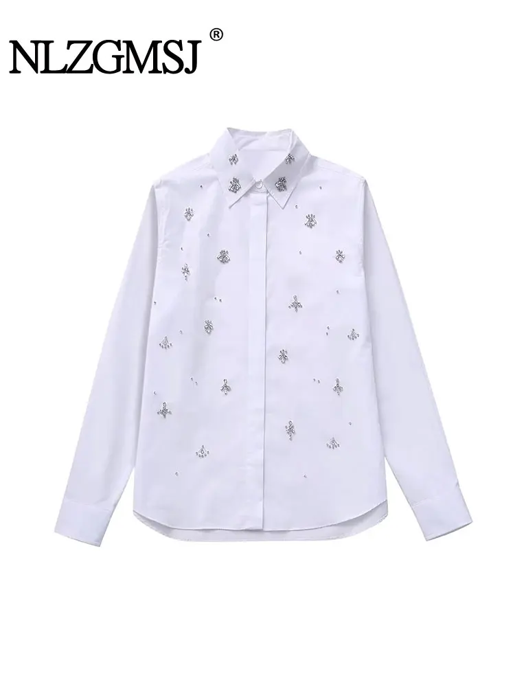 

TRAF 2024 Autumn Women Jewelry Embellished Pocket Shirts Fashion Long Sleeve Vintage Single Breasted Casual Slim Tops