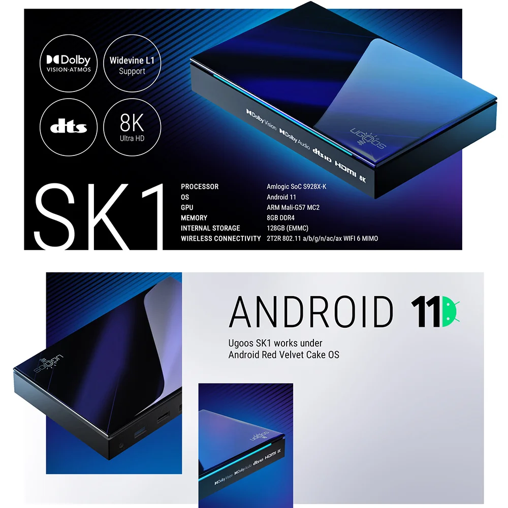 TV Box UGOOS SK1 Amlogic S928X-K Android 11.0 LPDDR4 8G128G Support Dolby Vision/Audio/ATMOS DTS HD Widevine L1 WiFi6 1000M BT