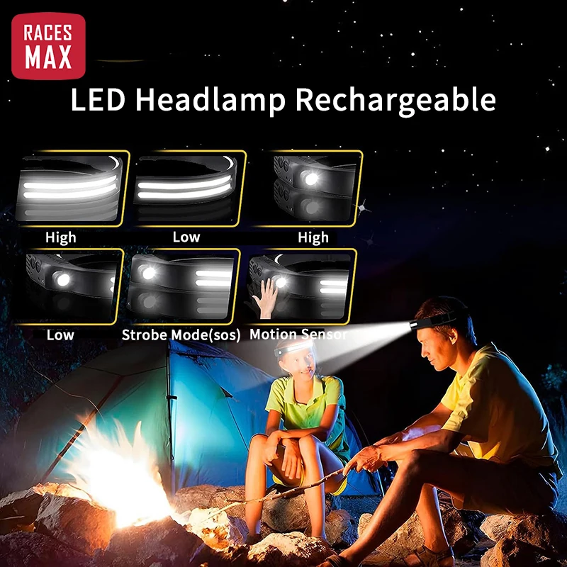 

Headlight COB Head Lamp Light Headlamp Sensor Silicone Type-c Rechargeable Multifunction Waterproof Camping Hiking Flash Mode