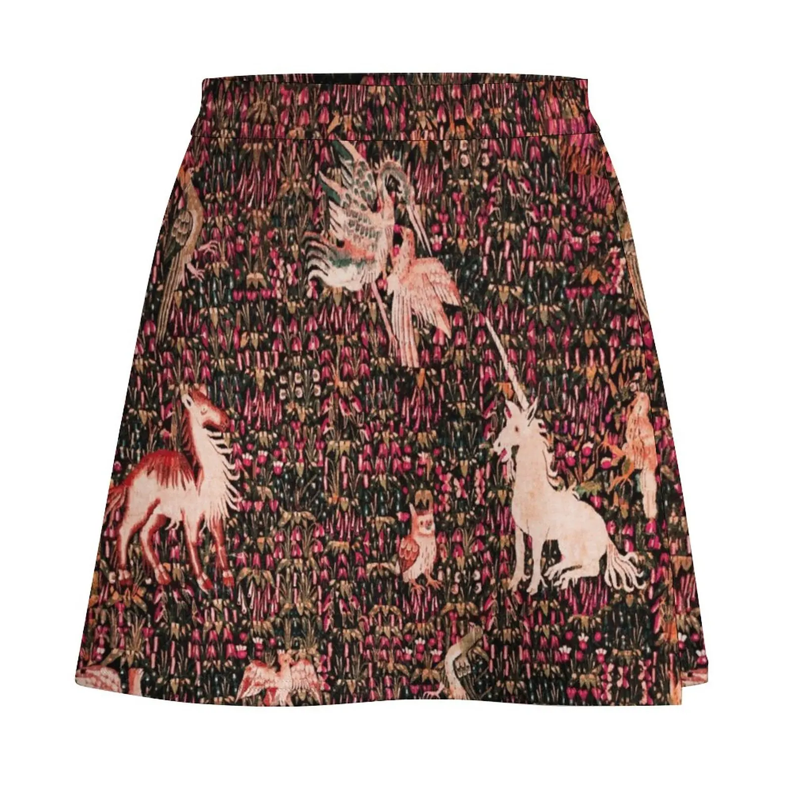 UNICORN AND MEDIEVAL BESTIARY Forest Animals,Millefleurs Red Pink Green Floral Tapestry Mini Skirt new in clothes Korean skirts