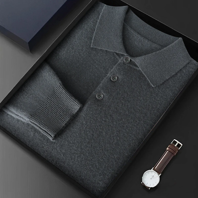 Men Knitwear Australian Wool Pullover Cashmere Sweater Polo Collar Thick Style Long Sleeve Warmth Basic Business Clothing Tops 4
