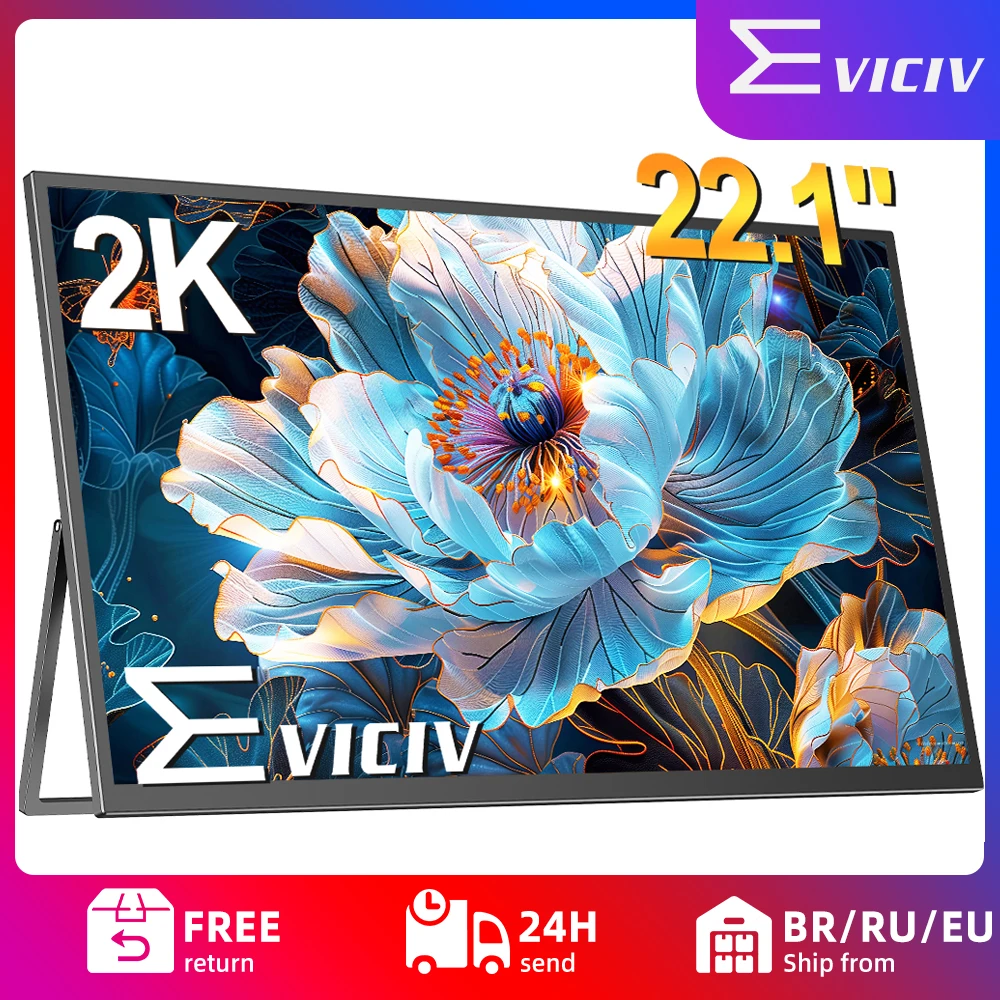 شاشة EVICIV 2K محمولة مقاس 22 بوصة بدقة 2560 × 1440 IPS مع حامل مدمج ومنفذ HDMI صغير ومنفذ USB C للكمبيوتر الشخصي والكمبيوتر المحمول والهاتف المحمول وXbo Switch وPS4/5 وشاشة محمولة مع حامل