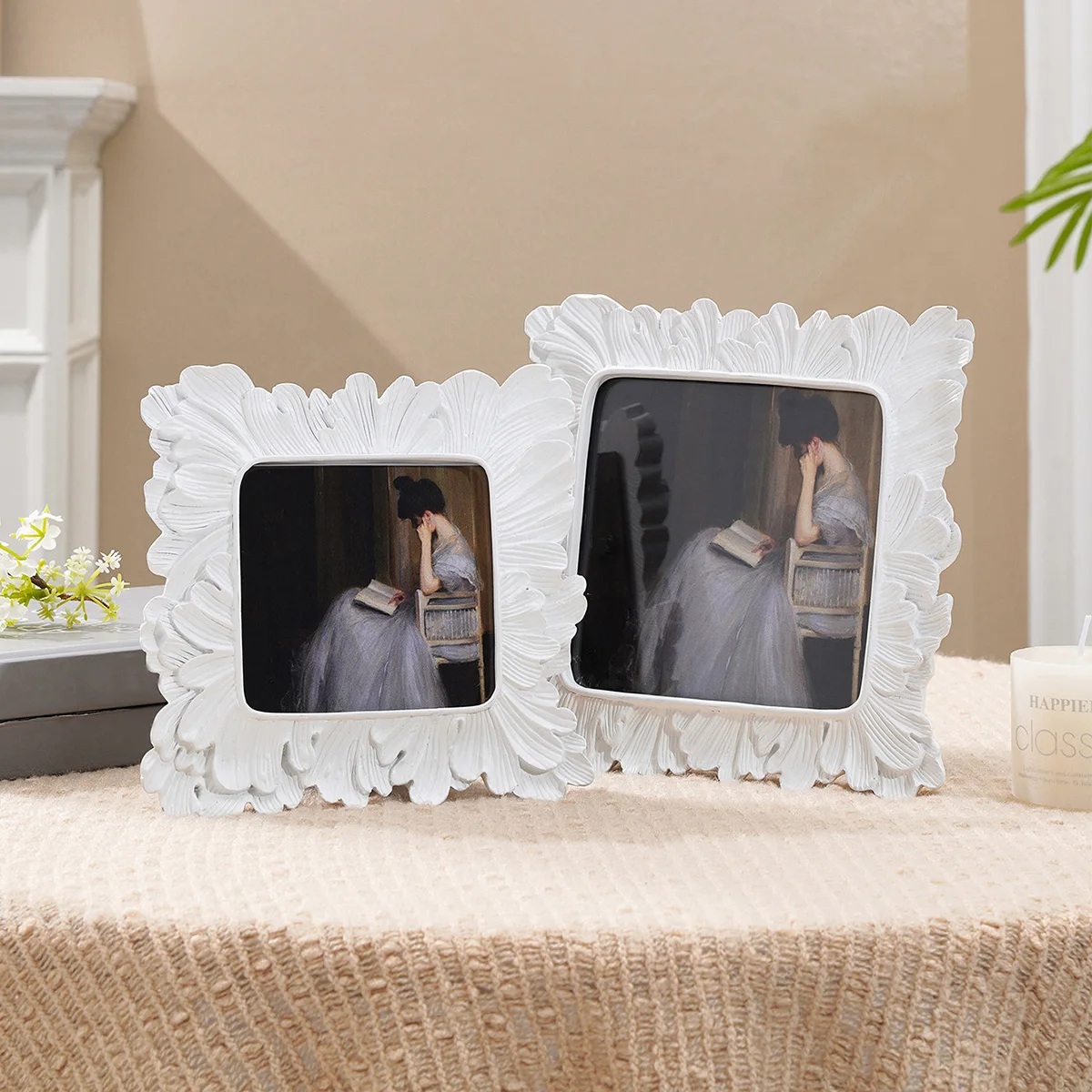 1PC, resin-made European-style white palm leaf lace decorative photo frame, suitable for family photo display and shooting props