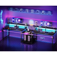 98 Inch 2 Person Gaming Desk with Storage Shelves- Long Double Home Office Computer Desks with USB Charging Port & LED Lights 2