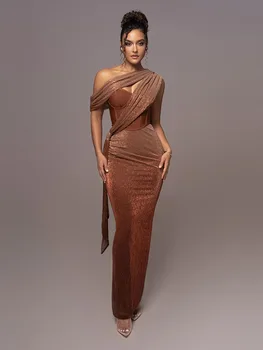 Sexy One Shoulder Draped Glitter Long Dress Women Brown Corset Sparkly Backless Bodycon Maxi Dresses Evening Party Gowns 1