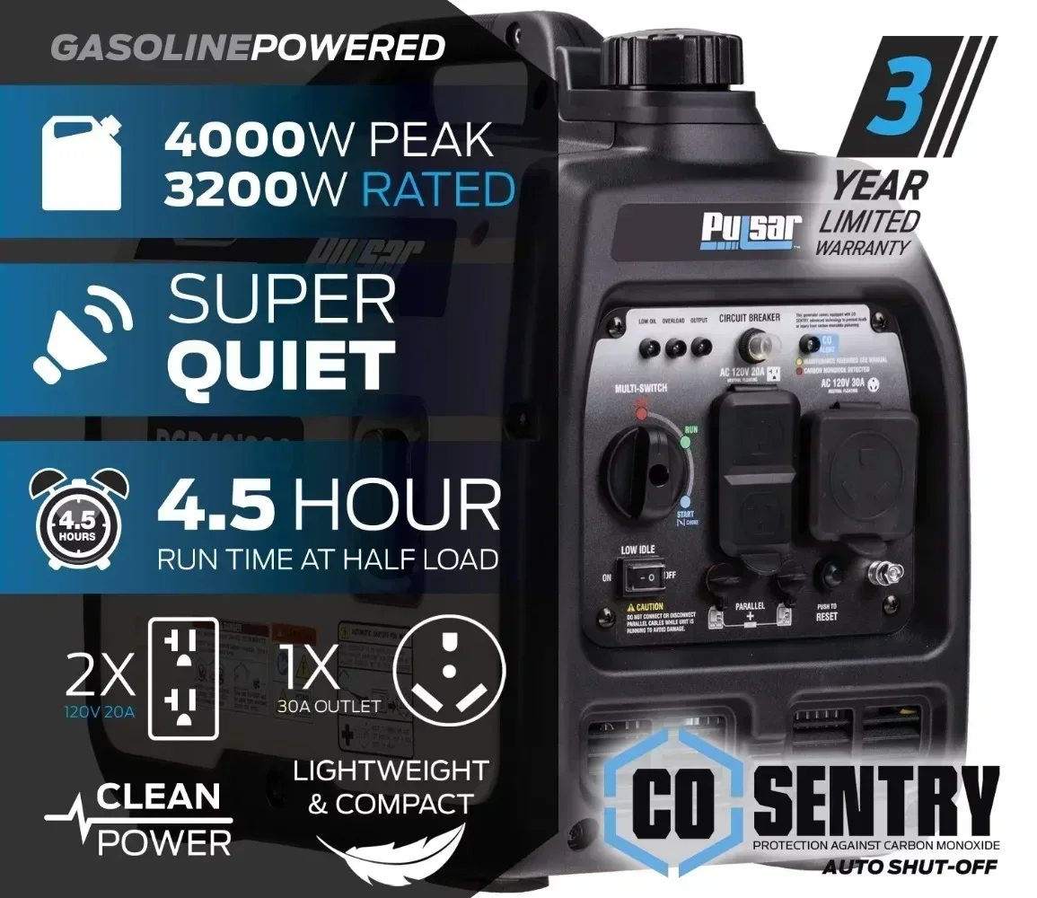 Pulsar 4000-Watt Super Quiet Gas Powered Inverter Generator with CO Sentry USA NEW