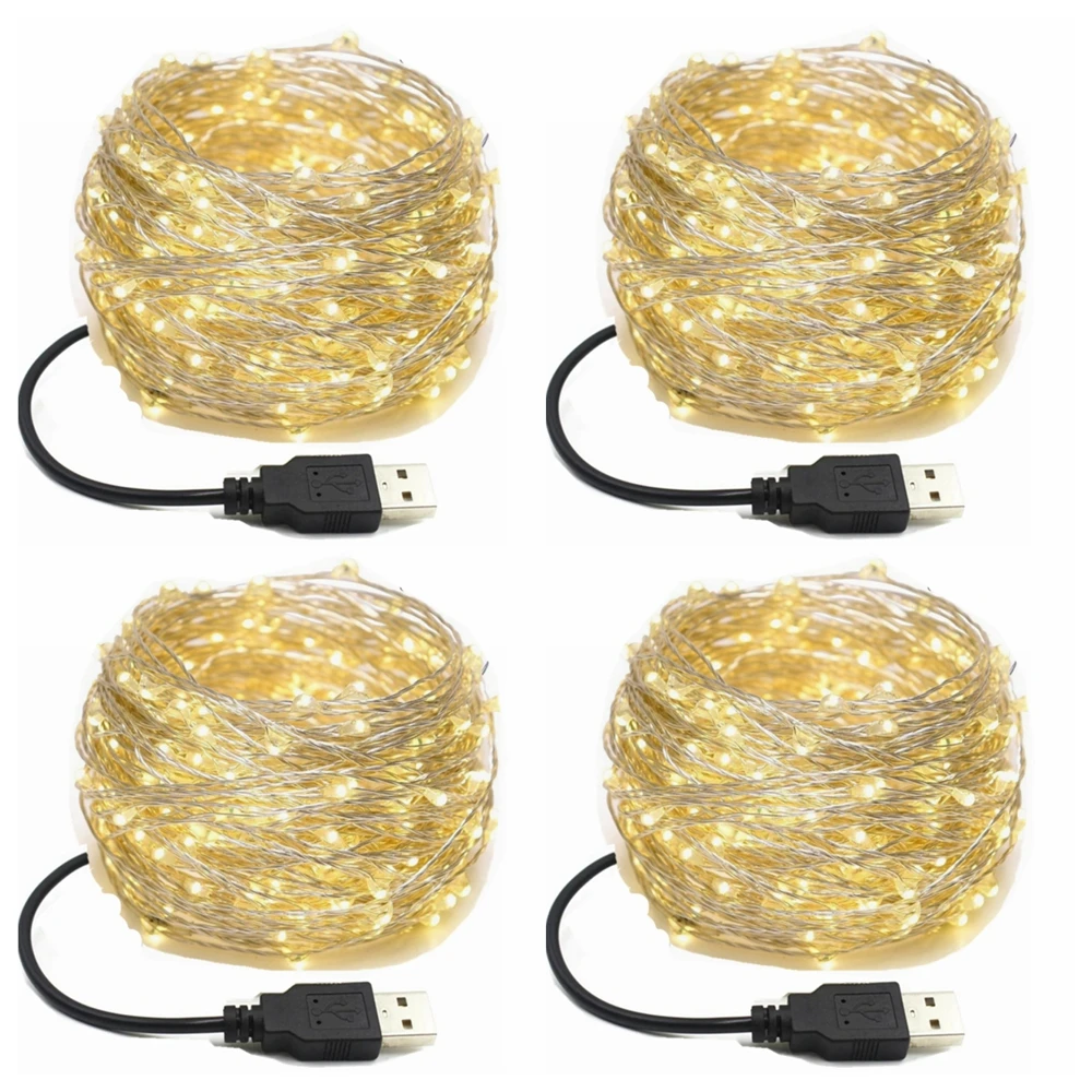 Paquete de 4 luces LED de hadas con enchufe USB, luces de cadena de cobre para decoración de árboles de Navidad, fiestas, bodas y habitaciones interiores