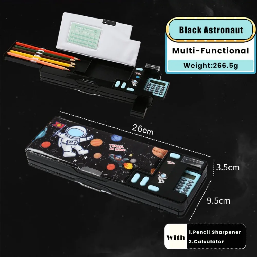 Multi-Functional Double-Sided Pencil Box with Built-In Calculator and Sharpener