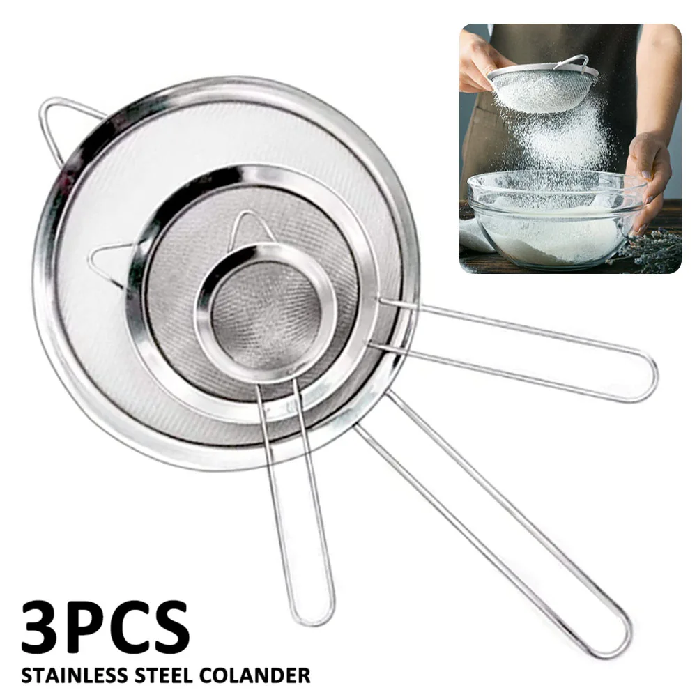 Fine Mesh Stainless Steel Strainer Sieve Egg Filter Colanders Coffee Tea Vegtables Filtering Food Kitchen Accessories Set 3Pcs tea infuser tea strainer tea filter powder sifter flour strainer coffee maker filter
