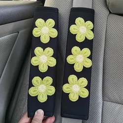Set of 2 Ice Silk Pink Flower Seat Belt Covers with Cartoon Design - Small Flower Interior, Available in 7 Colors (2pcs green)