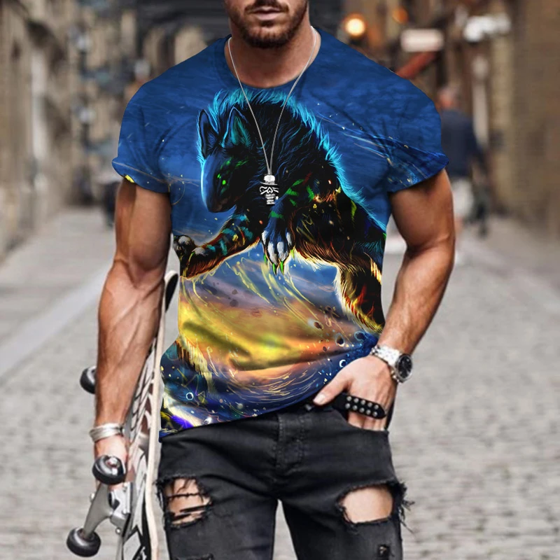 

Oversized Lion Wolf Patter 3D Men's T-Shirt Sika Deer Print Collar Crew Neck Animal Funny Streetwear Loose Short Sleeve T Shirt