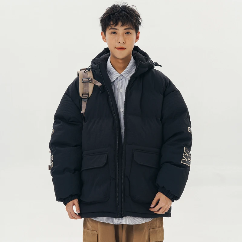 Street Style Men's Winter Letter Embroidery Hooded Cotton-Padded Jacket Unisex Parkas Thick Warm Solid Color Fashion Windbreaker