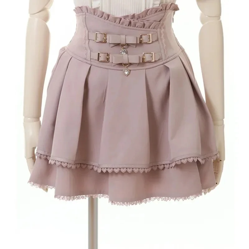 Japan Style High Waist Pleated Mini Skirts Bow Knot Design Mini Skirts Kawaii Slim Fit A-line Skirts Pink Lace Skirts For Women 4