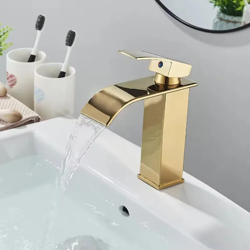Brushed Golden Basin Faucets Elegant Waterfall Bathroom Sink Faucet Single Lever Hole Deck Mount Mixer Taps