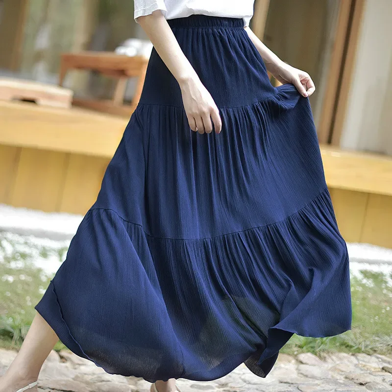 

Summer Elastic Waist Long Maxi Beach Thin Pleated Vintage Skirt Women Pure Solid Wrinkle Cotton Ethnic A Line Swing Blue Skirt