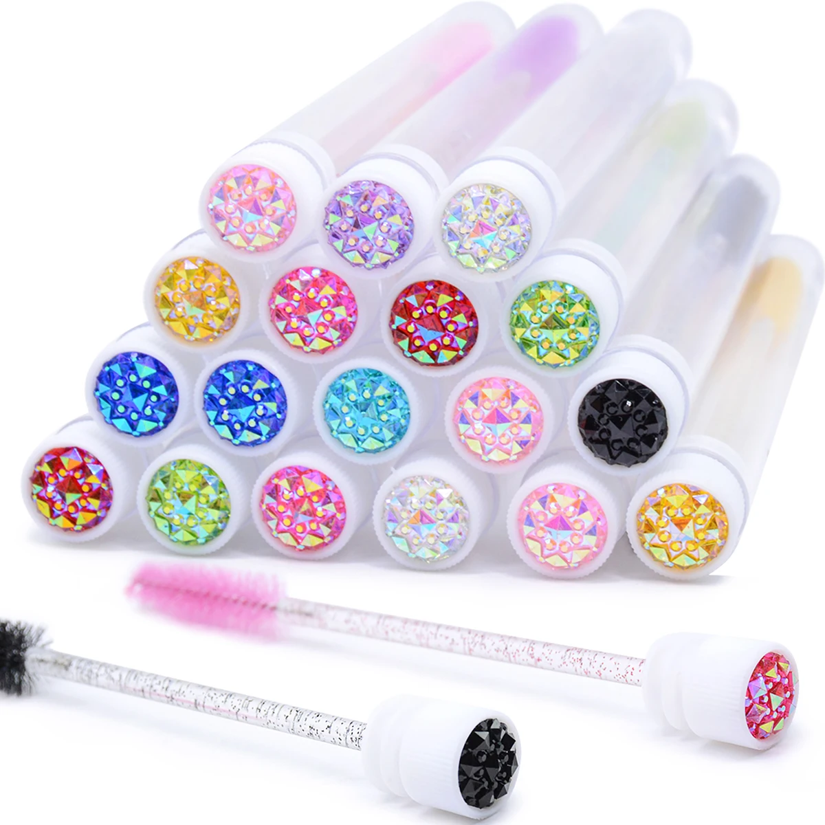 50-Pack Crystal Eyelash and Eyebrow Brush Set with Storage Tubes