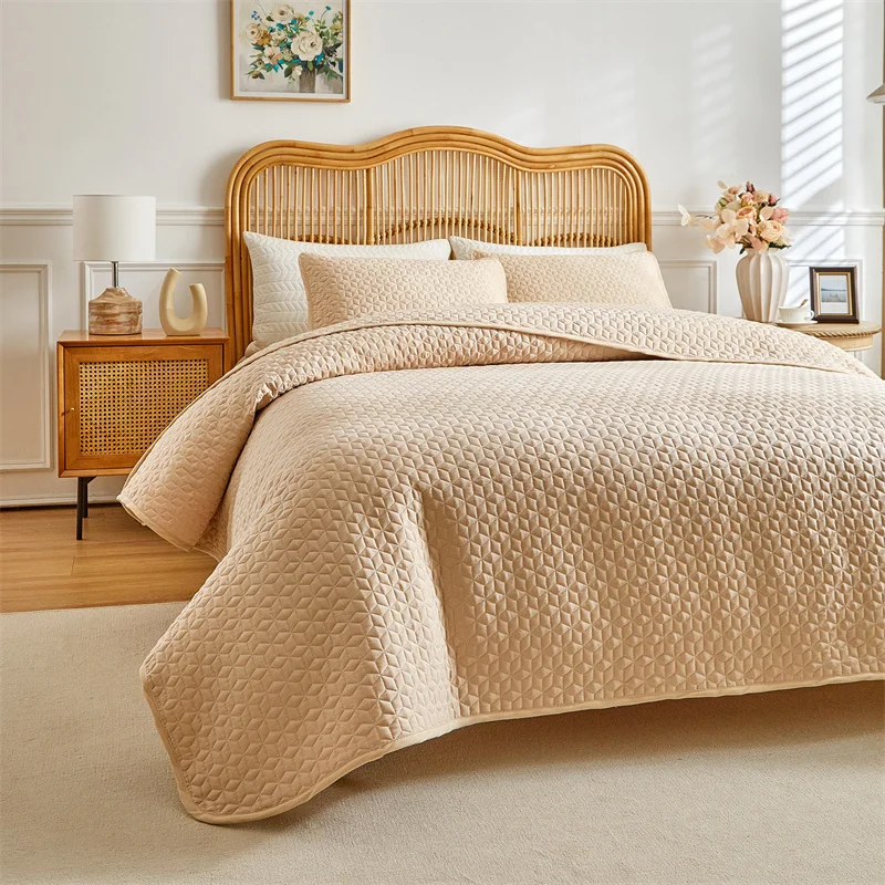 3pcs set Printed Bedspread Solid Color Ultrasonic Quilted Bedsheet Soft Breathable Blanket 1pc bedspread+2pcs pillowcase