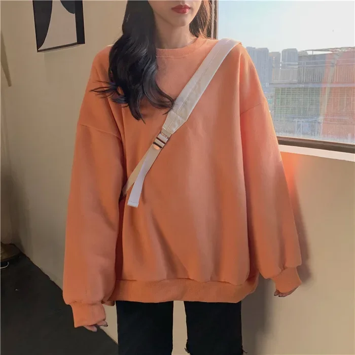 Winter Women Wool Liner Hoodies Sweatshirts Warm Solid Basic Loose All-match Pullover Female New Fashion Long Sleeve Sweatshirt