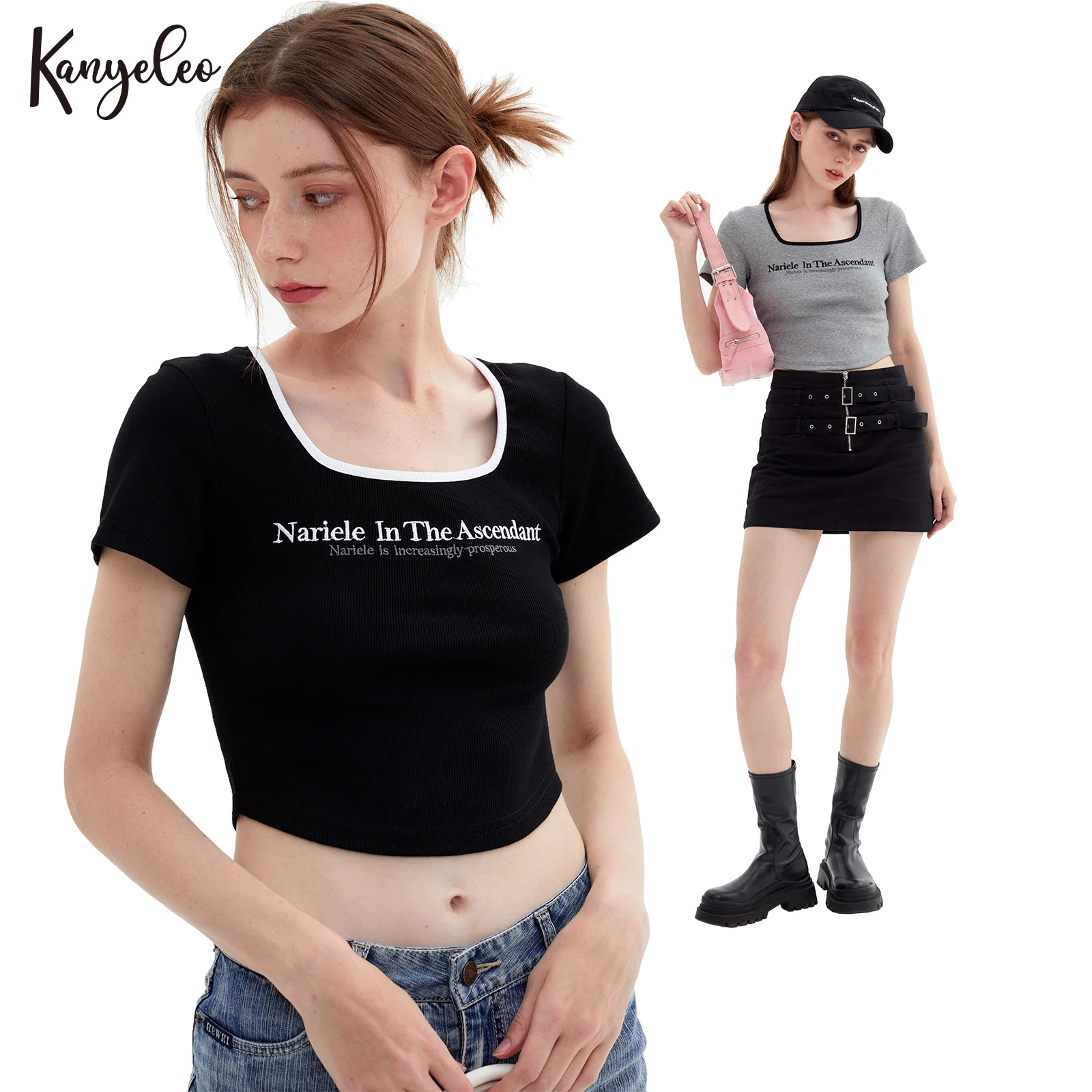 

KANYELEO Square Neck Letter Embroidery Pattern Niche Design Sense of Slim Tops Thin Short-Sleeved T-Shirt Women