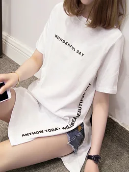 WONDERFUL DAY Print Long T shirts Summer Women Loose Slit Femme Tops  Tshirt Short sleeve Ladies t-shirt 1
