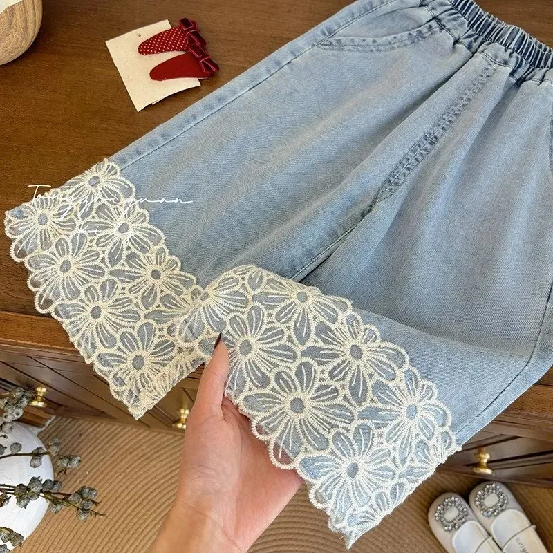 키즈 레이스 트림 데님 카프리 팬츠, 여아 루즈핏 와이드 레그 여름 바지 신축성 있는 허리 캐주얼 스트레이트 청바지