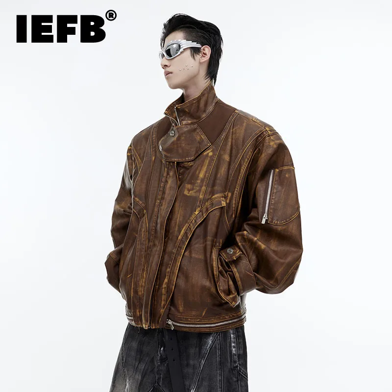 

IEFB Men's PU Leather Jacket Metal Niche Design 2023 High Street Vintage Stand Collar Outerwear Male Autumn New Clothing 24X1710