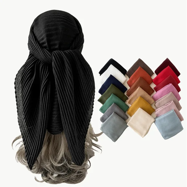 Fashion Wrinkle Bandana Head Women Scarf Solid Color Cotton Hijab Scarfs for Ladies 90CM Square Shawls Wraps Soft Neck Scarves