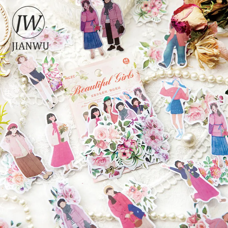 JIANWU 40 Sheets Flower Picking Girl Series Kawai Flower Washi Material