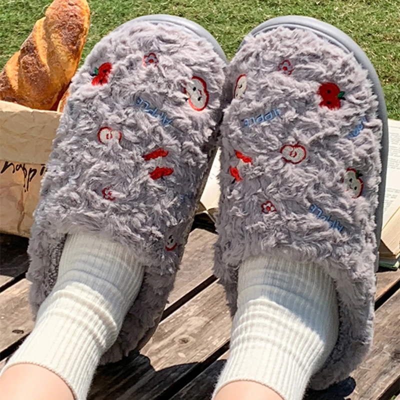 Embroidery Cartoon Apples Fur Slippers Women Sweet Thick Sole Warm Home Slippers Woman Anti Slip Plus Size Living Room Shoes