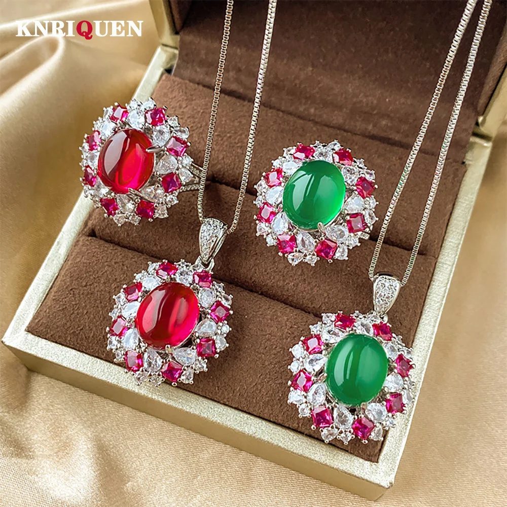 

2023 Trend Retro 10*12mm Emerald Ruby Jewelry Sets for Women Gemstone Lab Diamond Wedding Party Pendant Necklace Ring Fine Gift