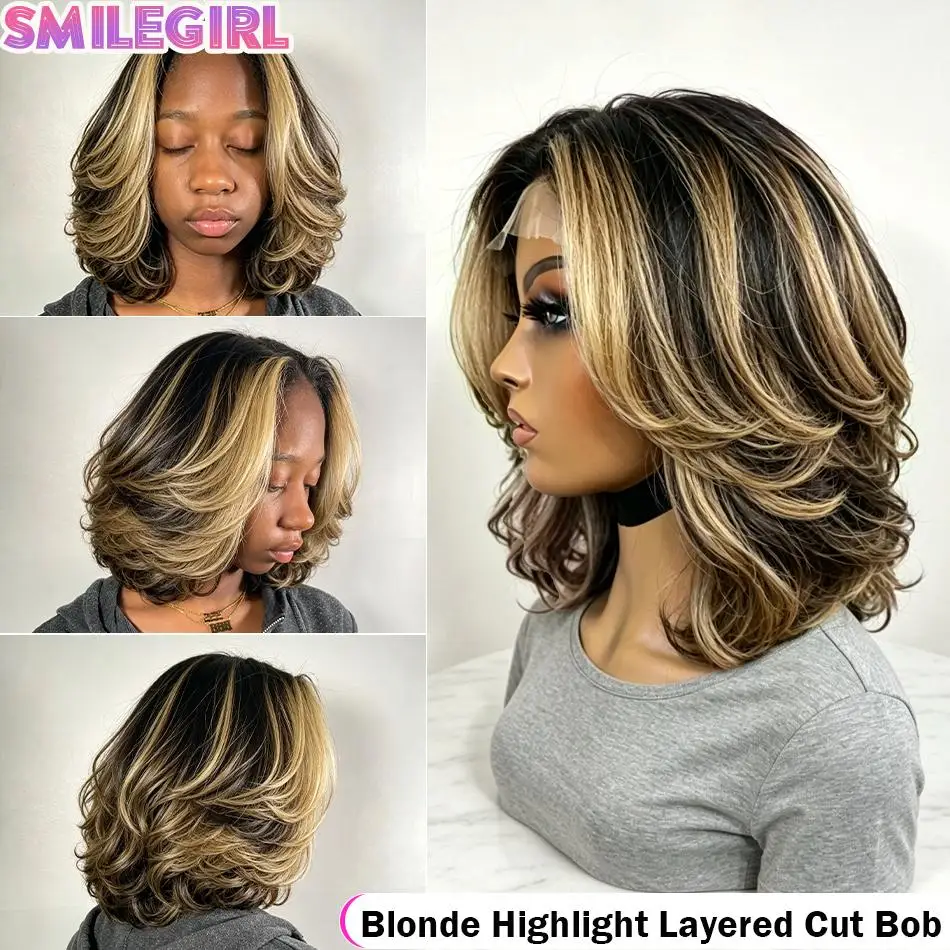 Blonde Highlight Layered Cut Bob 5X5 Lace Closure Wig Short Bob Wig Human Hair Colored Highlight Ombre Straight For Black Women 8