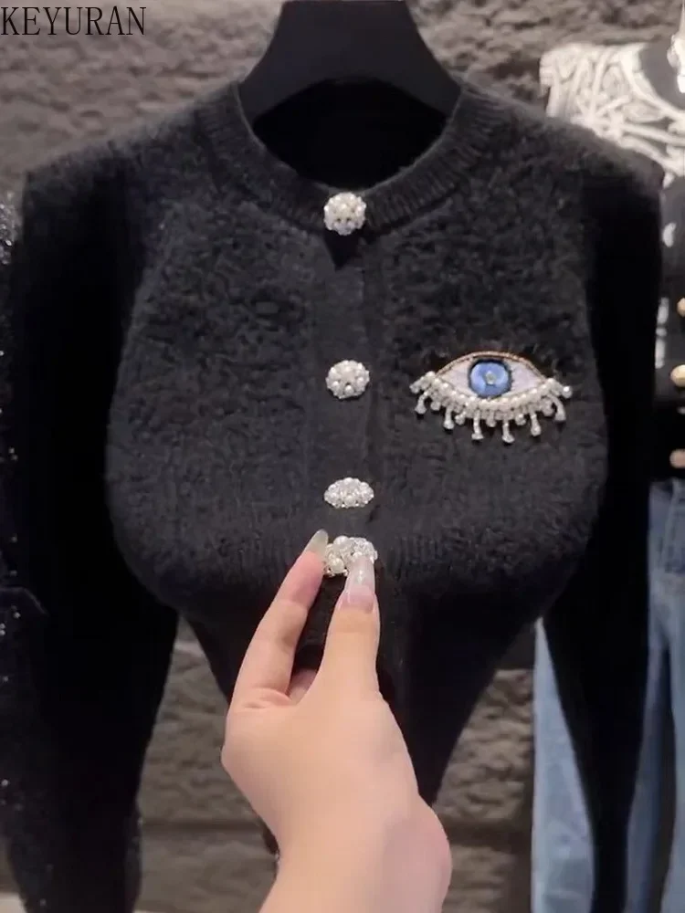 Peals Beading Knitted Cropped Cardigan Jacket Women\'s New Autumn Winter O-Neck Black White Long Sleeve Tops Sweater Mujer Jumper